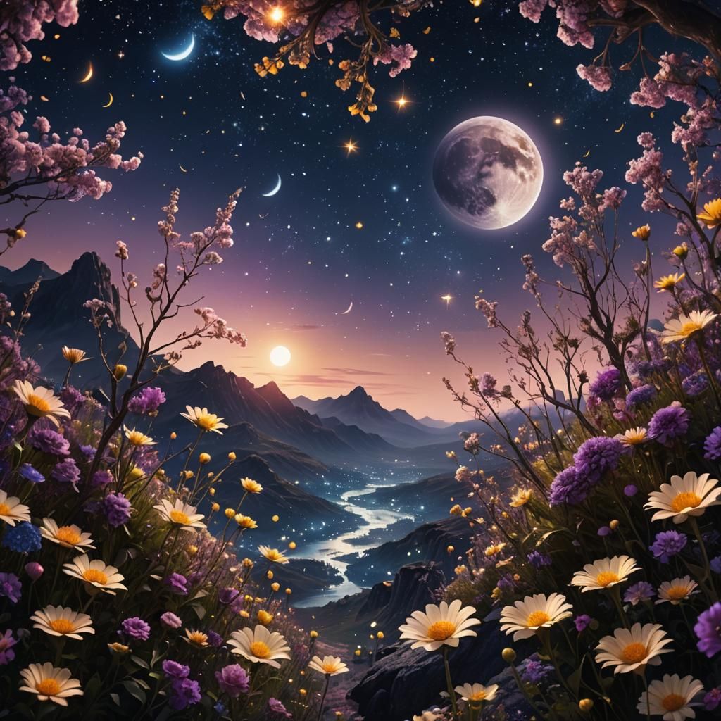 Moon Filled with Flowers in Starry Sky