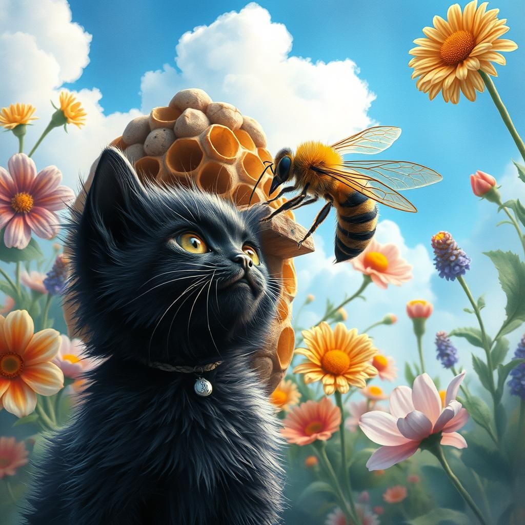 Kitten's Encounter with Bee: A Watercolor Fantasy
