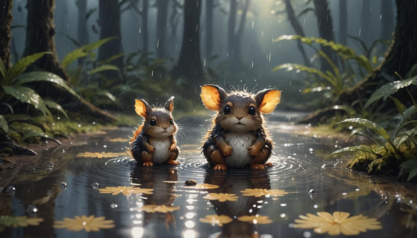 Sunlit Creature in Rainy Forest: Oil Painting