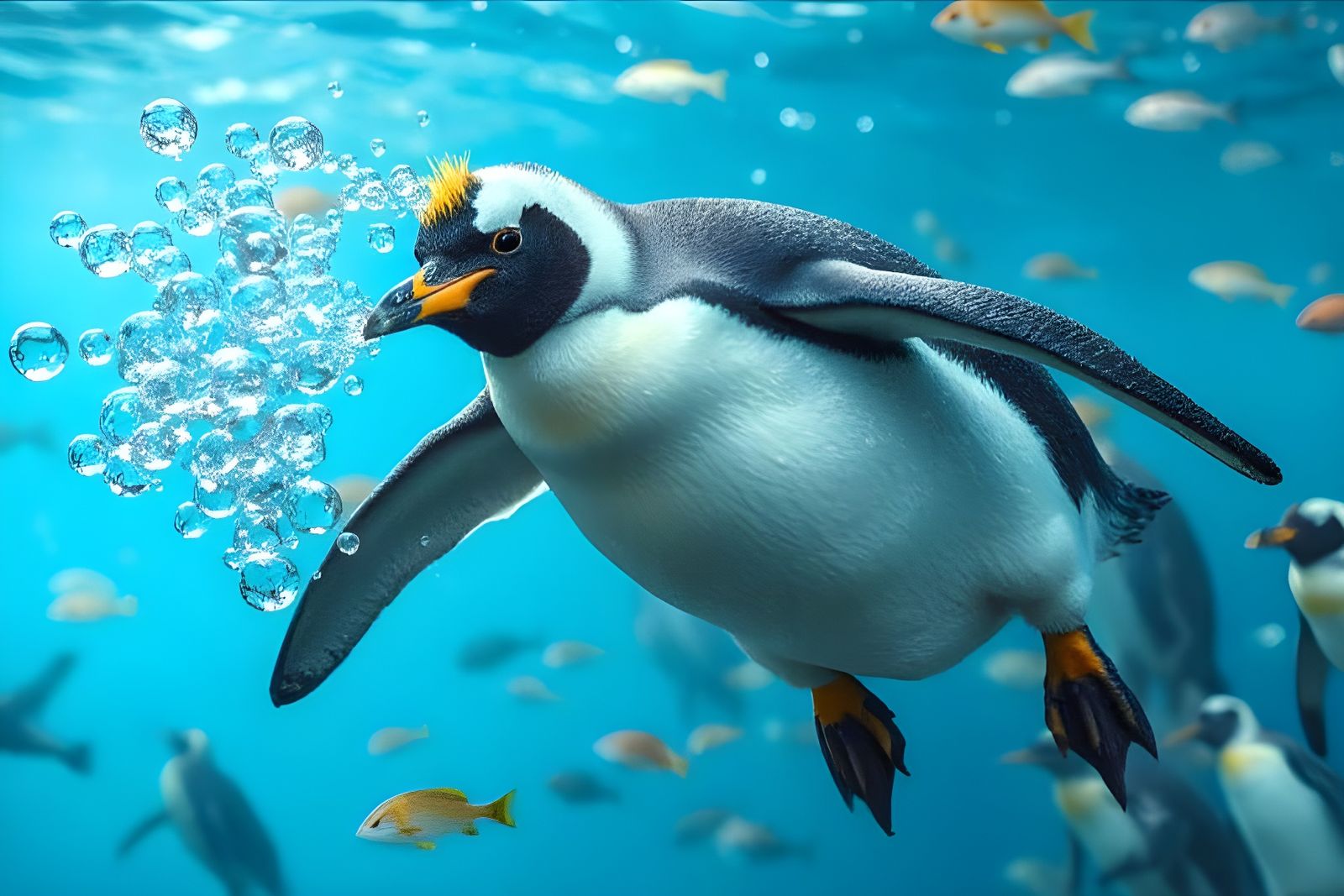 Macaroni Penguin Blowing Bubbles in Dreamy Lighting
