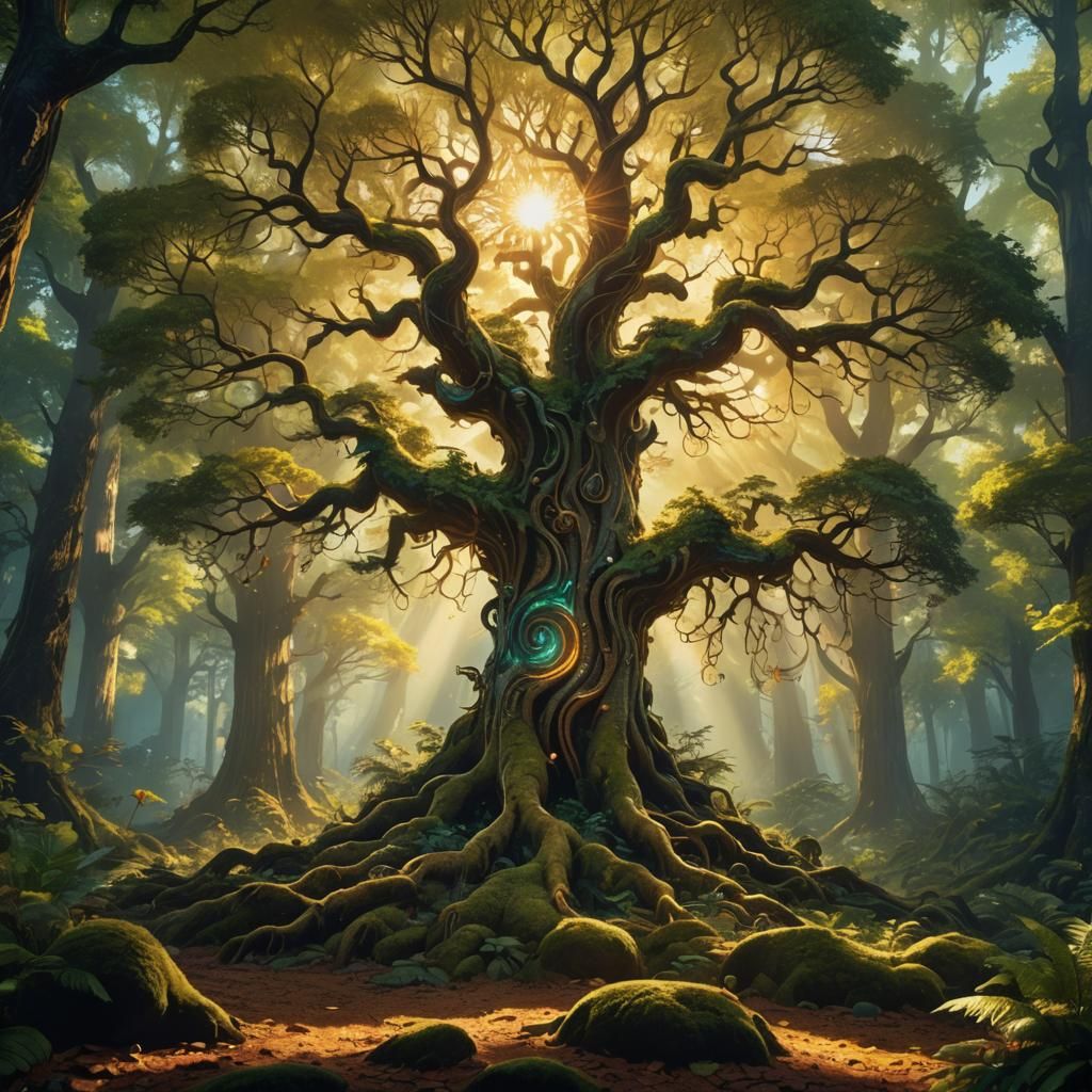Glowing Tree in Sun-Drenched Forest: Digital Matte Painting