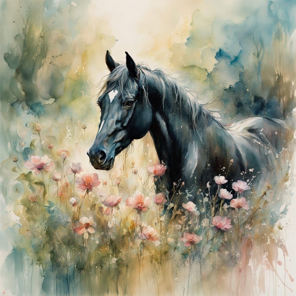 watercolor landscape with a horse