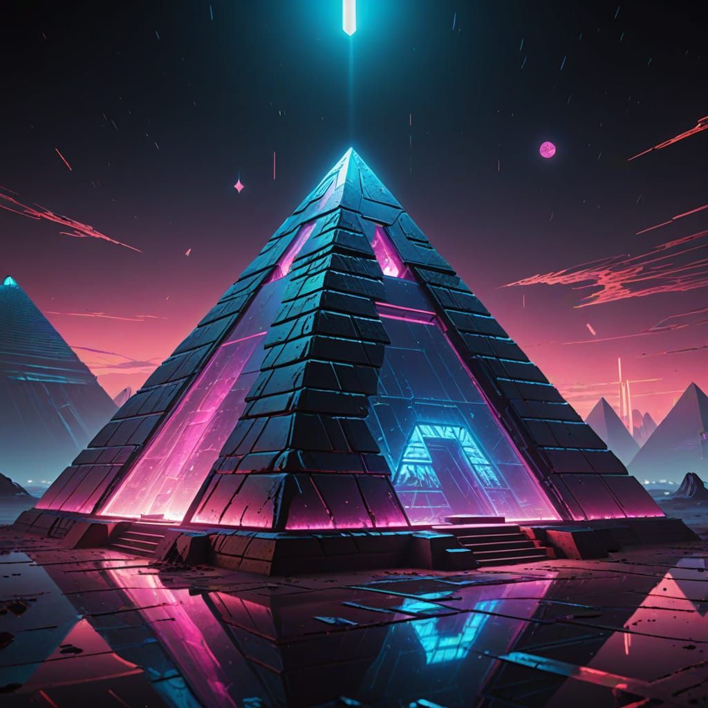Glowing Crystal Pyramid in Desert Night Sky