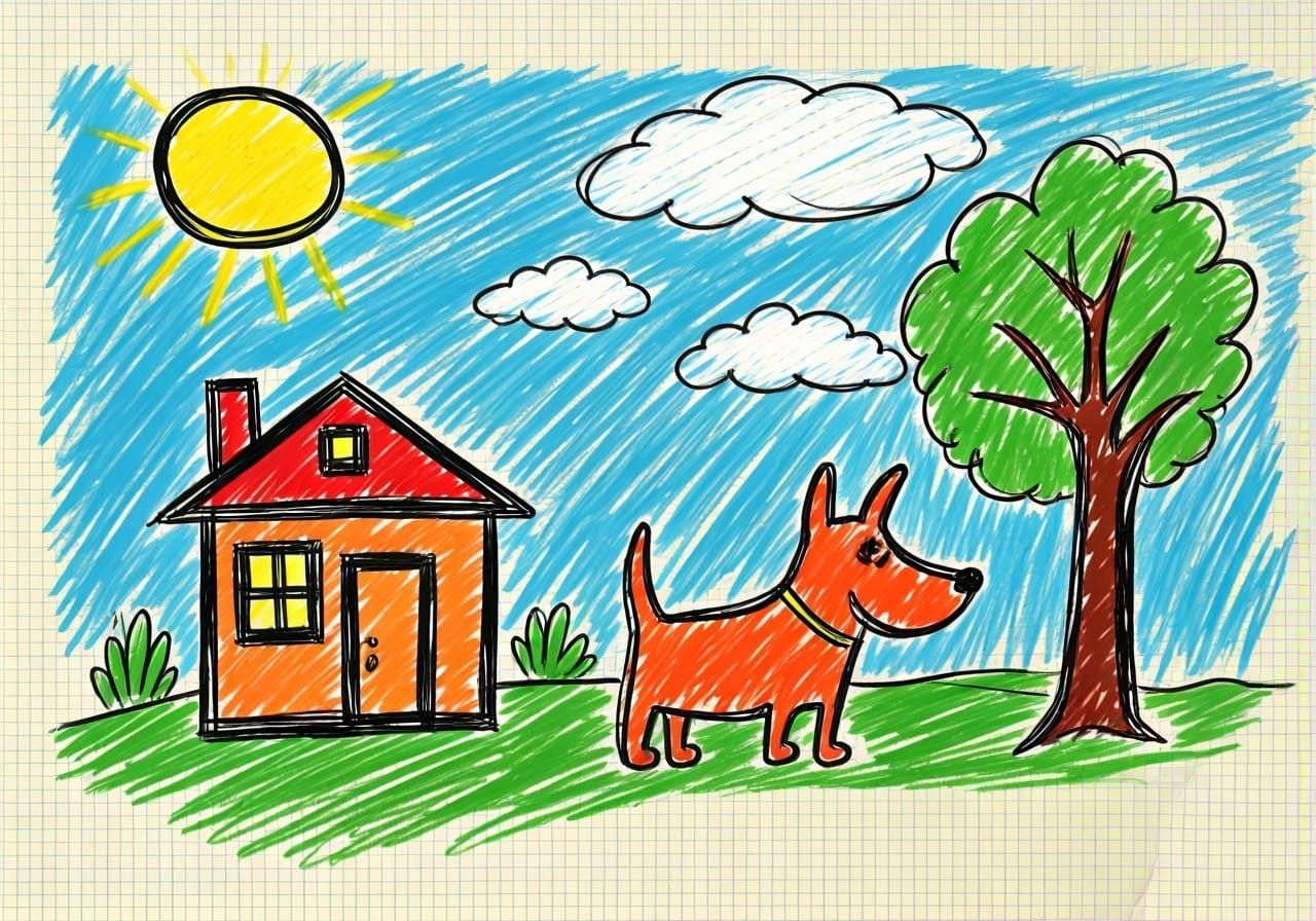 Naive Crayon Art of Dog and House