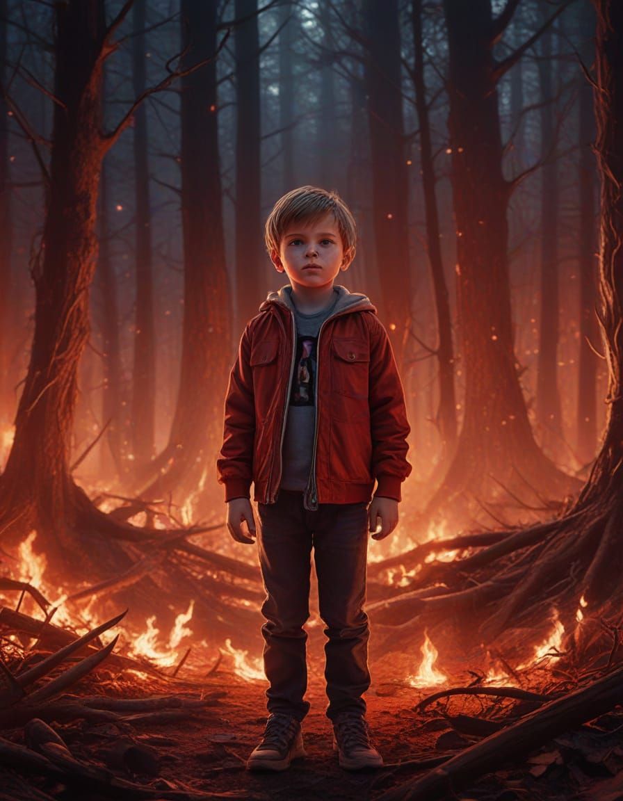 Defiant Boy in Burning Forest: Digital Masterpiece