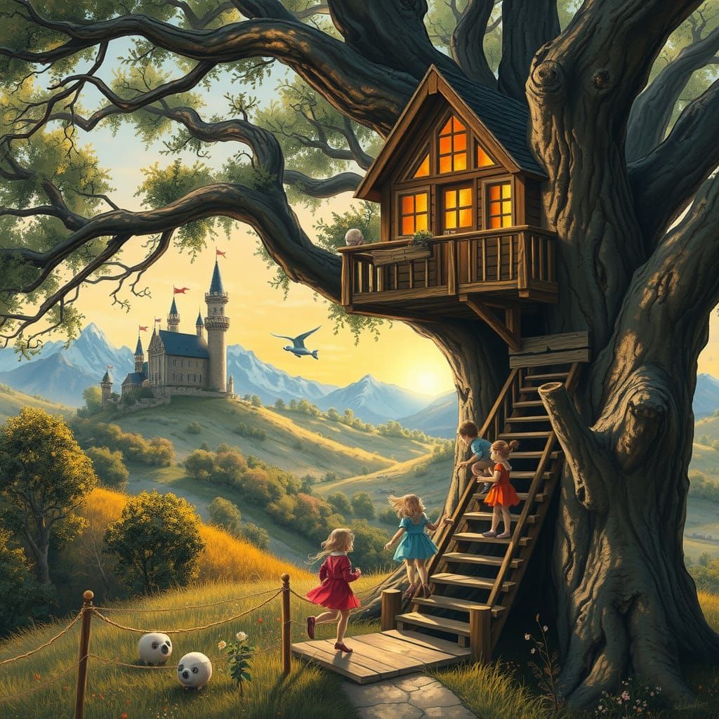 Whimsical Treehouse Scene in Gouache Style