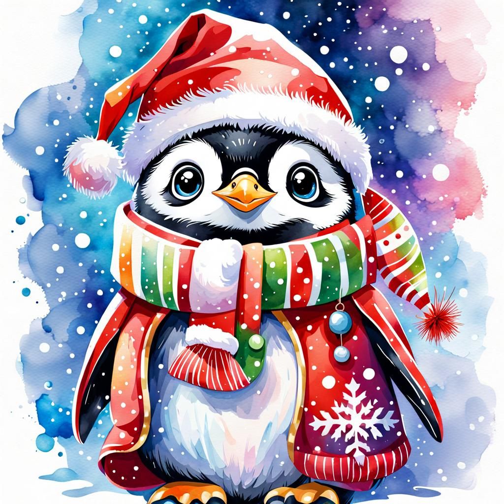 Christmas Penguin Watercolor Graffiti Art