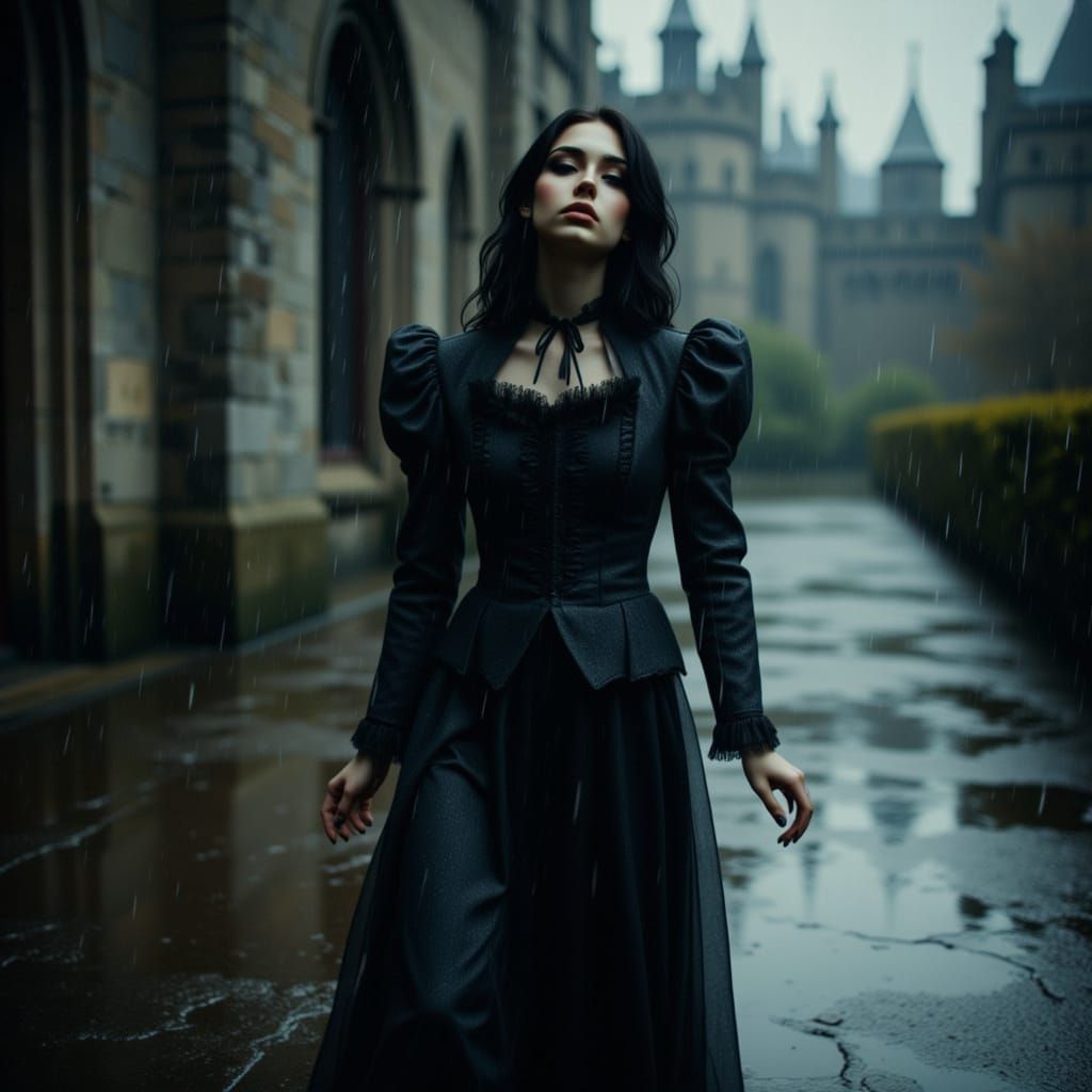 Victorian Lady Dancing in Heavy Rain Outside Gothic Castle