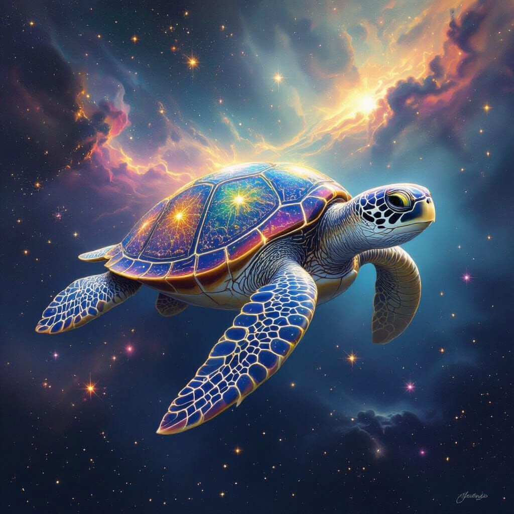 Celestial Sea Turtle Drifting Through Nebula in Fantasy Styl...