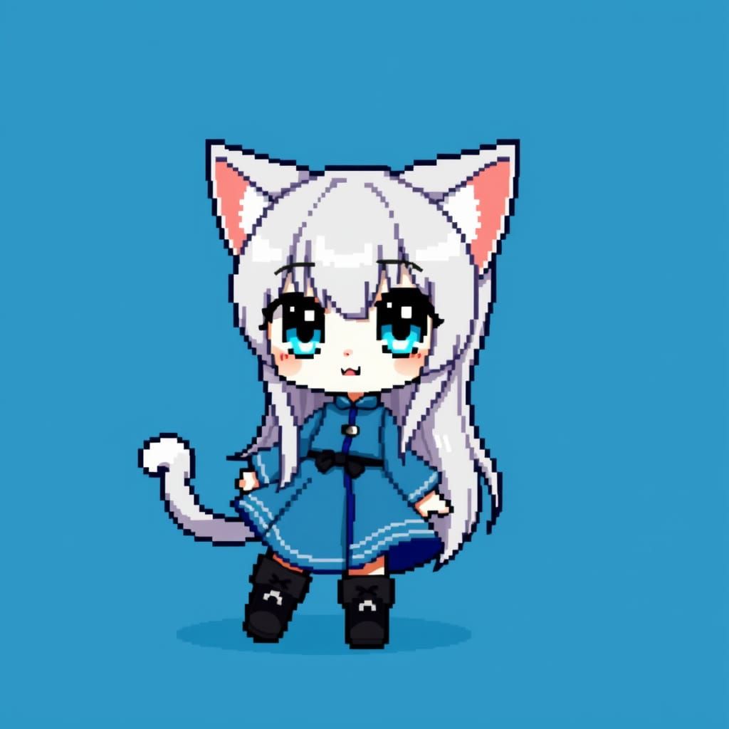 Pixelated Anime Catgirl in Traditional Blue Dress