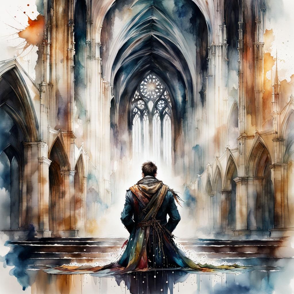 Man Kneeling in Cathedral: Watercolor and Ink Art