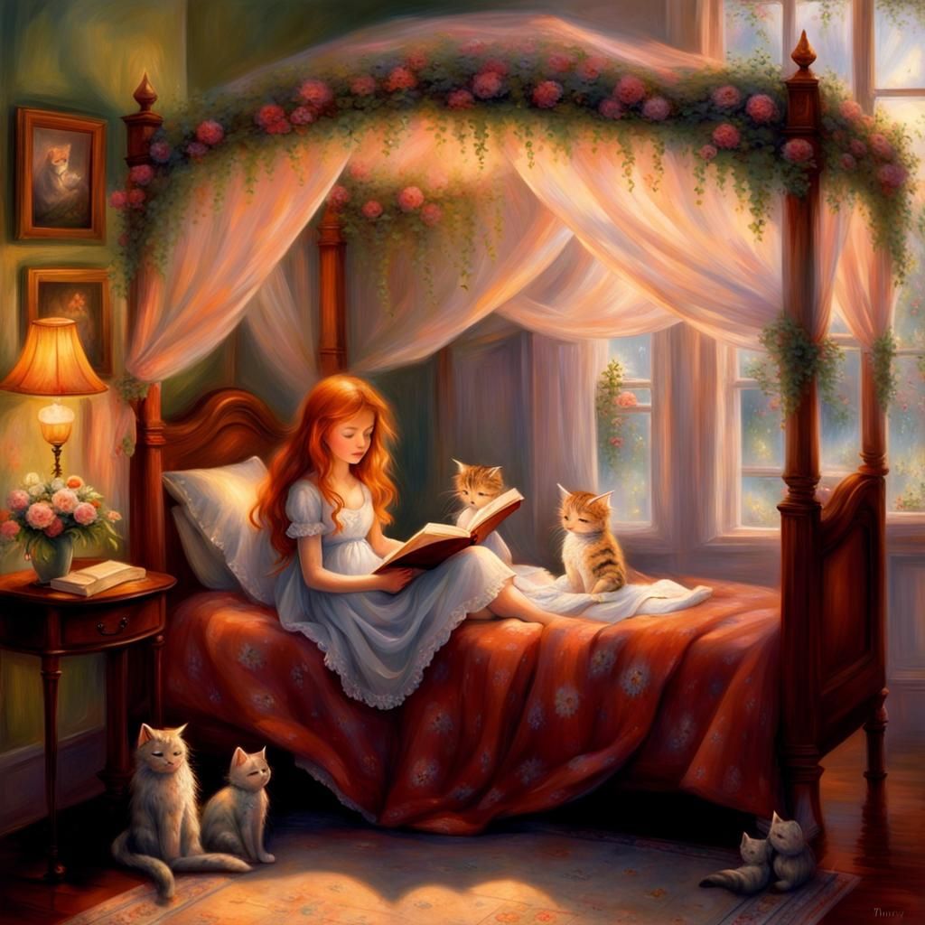 Girl Reads with Cats in Ethereal Fantasy Style