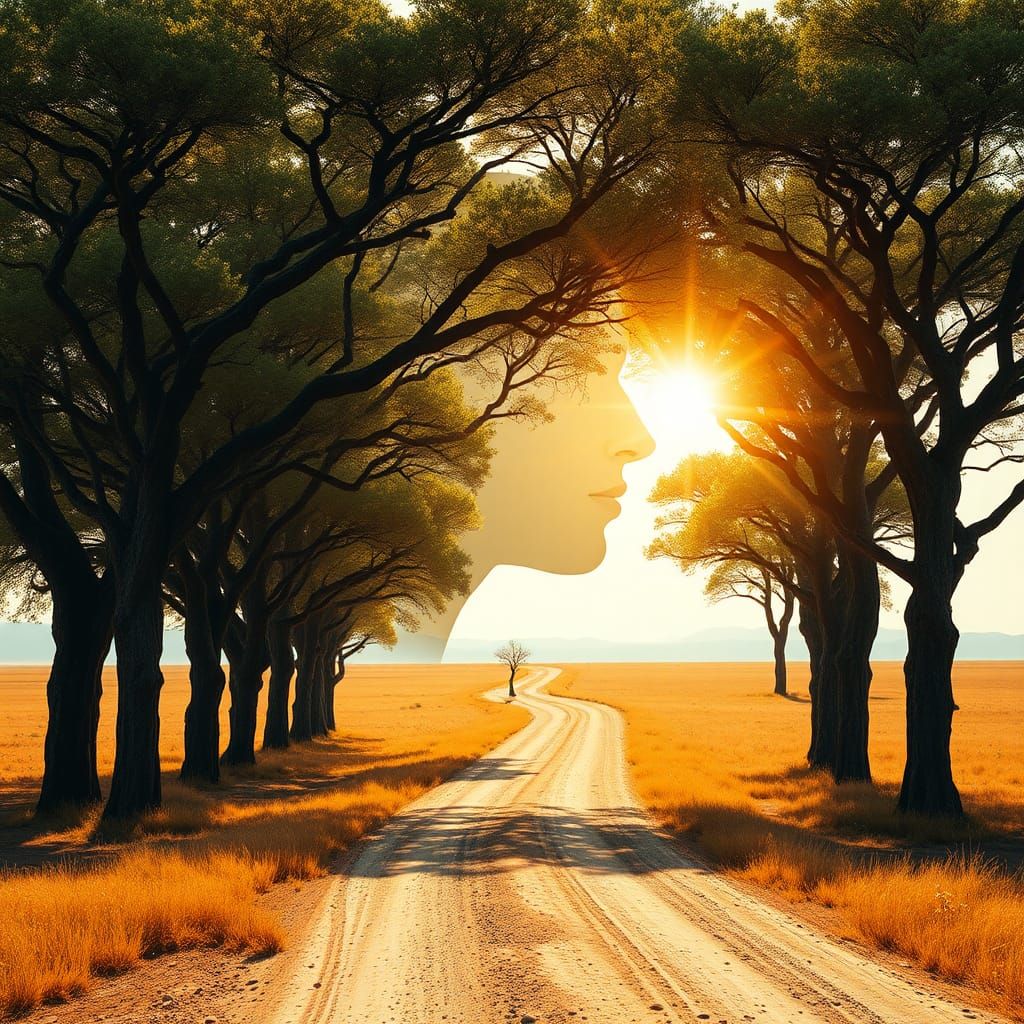 Steppe Landscape with Tree Canopy and Facial Silhouette