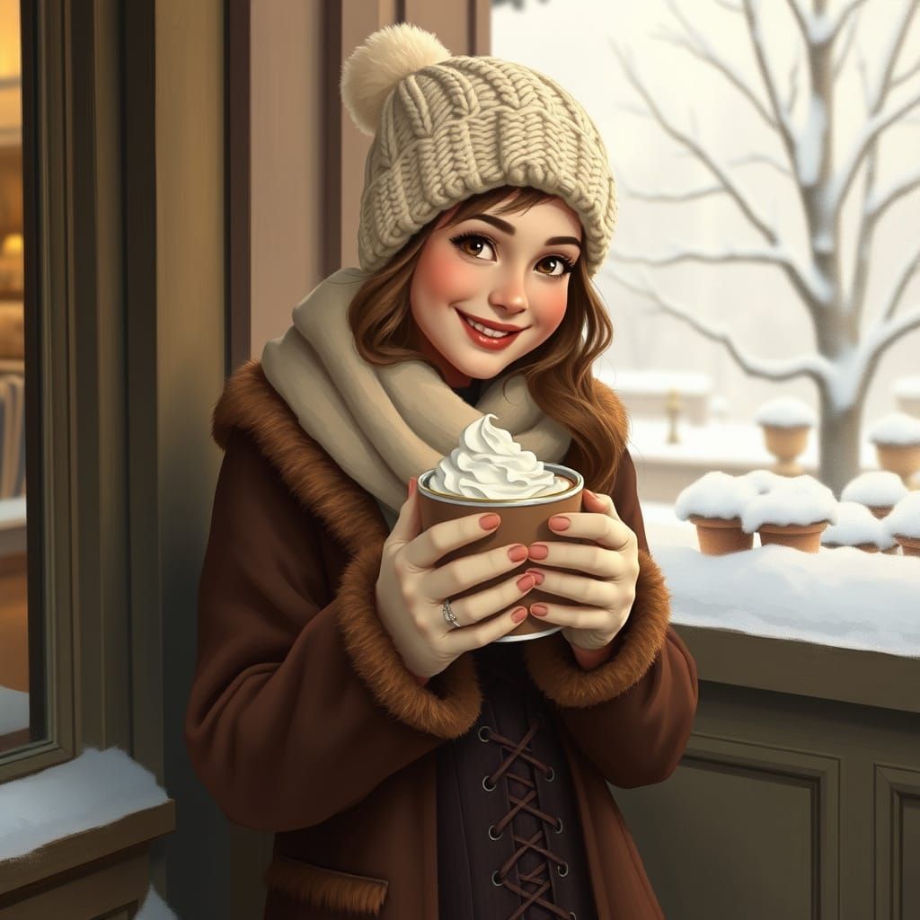 Serene Winter Scene with Cozy Cafe and Steaming Hot Chocolat...
