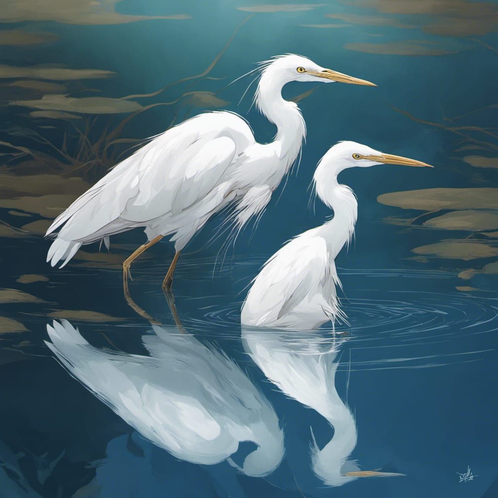 Egrets Mating Reflected in Blue Lake Waters