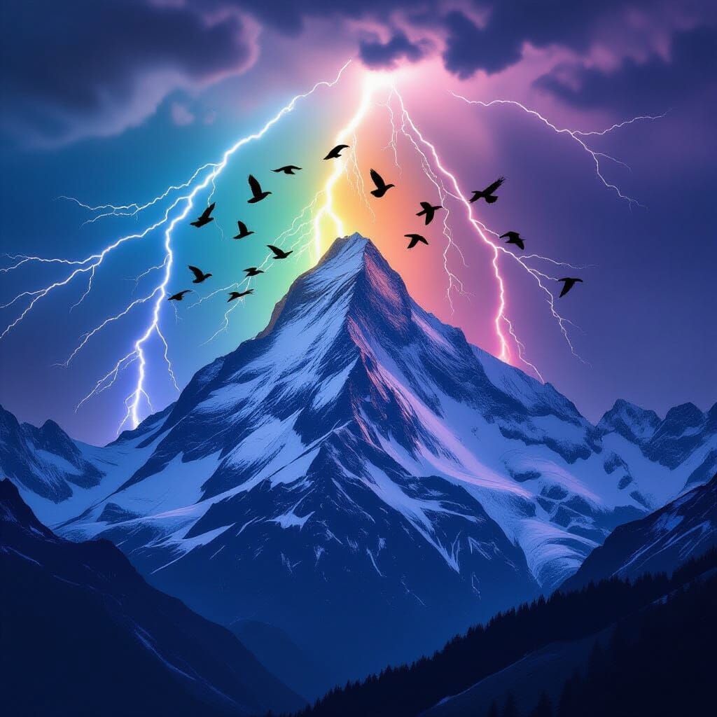 Lightning Strikes Twin Mountain Peaks with Ravens