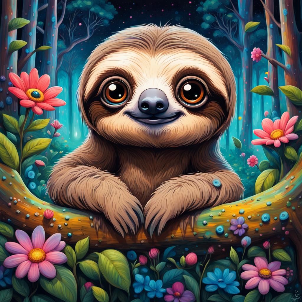 Chibi Sloth in Enchanted Forest, Graffiti Art Style