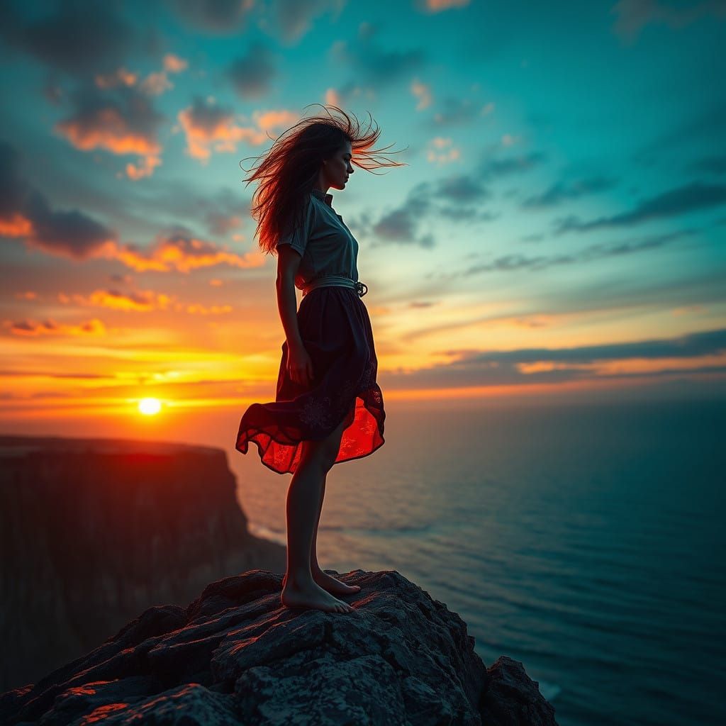 Heroic Woman on Cliffside at Sunset in Impressionist Style