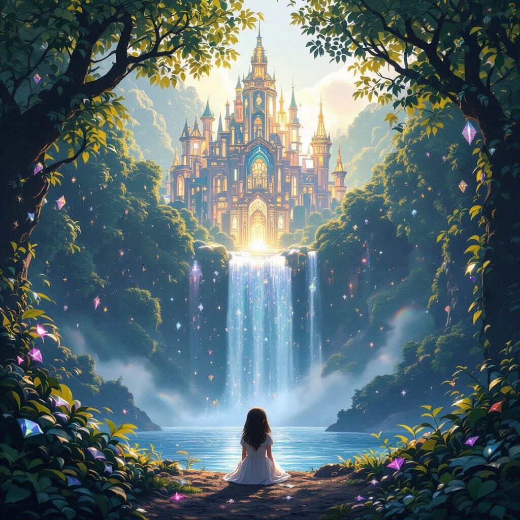 Fantasy Forest With Diamond Leaves and Crystal Waterfall