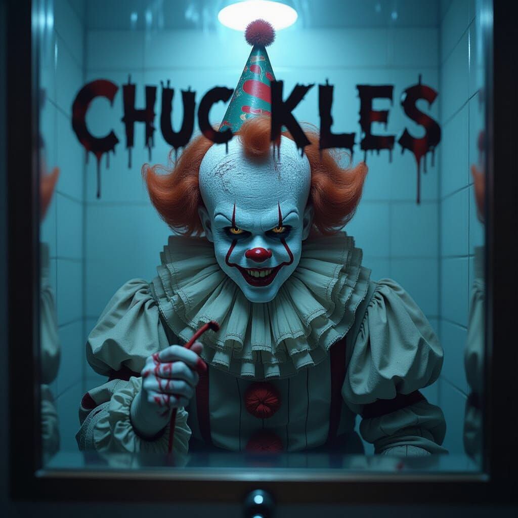 Menacing Clown Reflected in Dim Bathroom Mirror