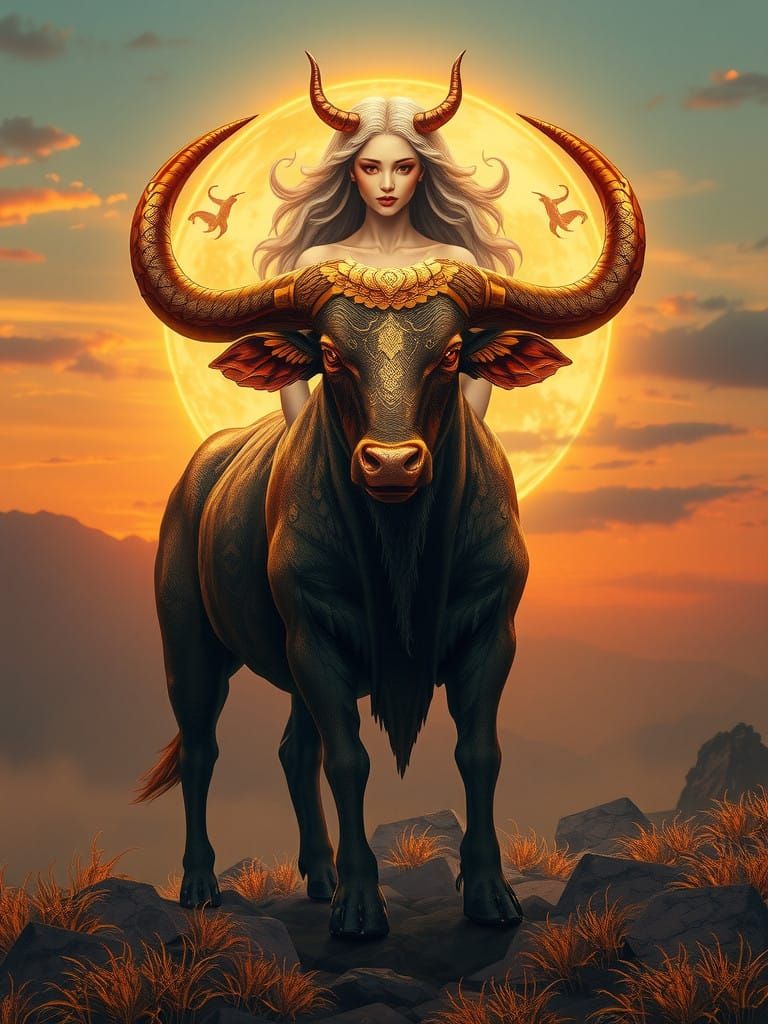 Ethereal Taurus Goddess Emerges from Golden Twilight