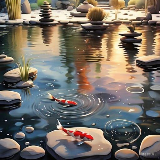 Surreal Zen Garden at Twilight: A Tranquil Koi Pond in Digit...