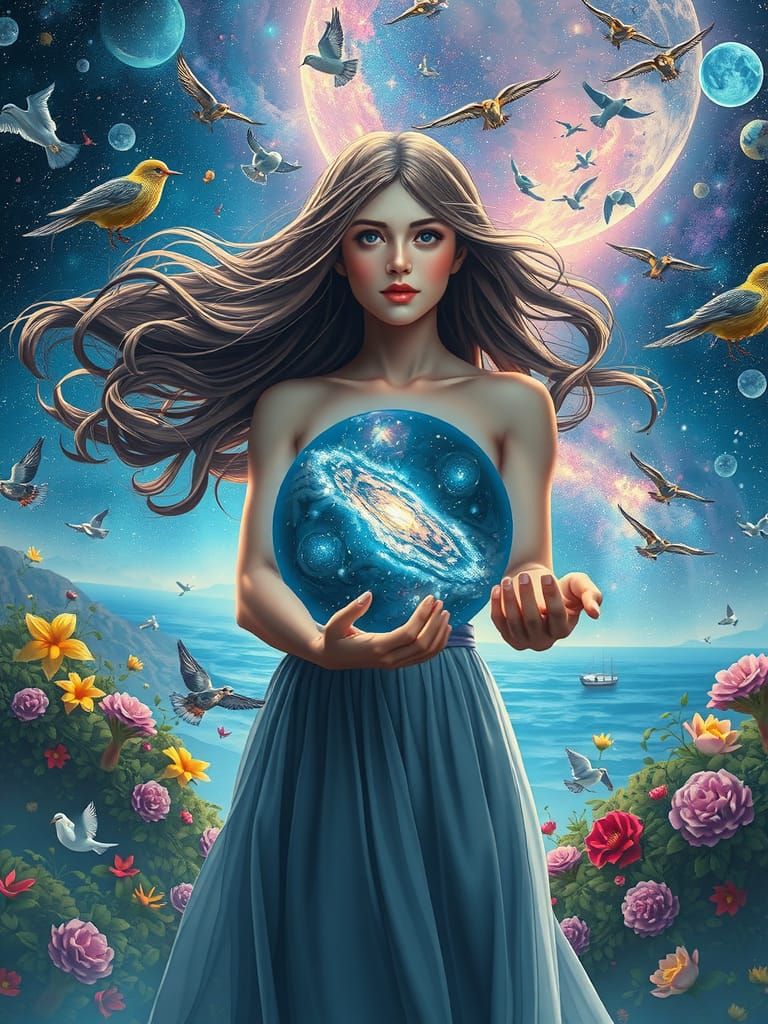 Woman Holds Galaxy in Surreal Universe