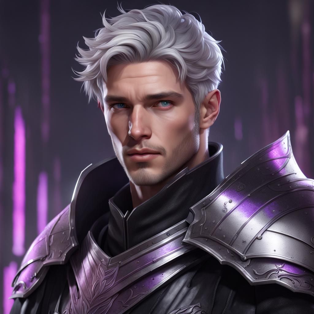 Silver-Haired Man in Black Armor: Hyperdetailed Portrait