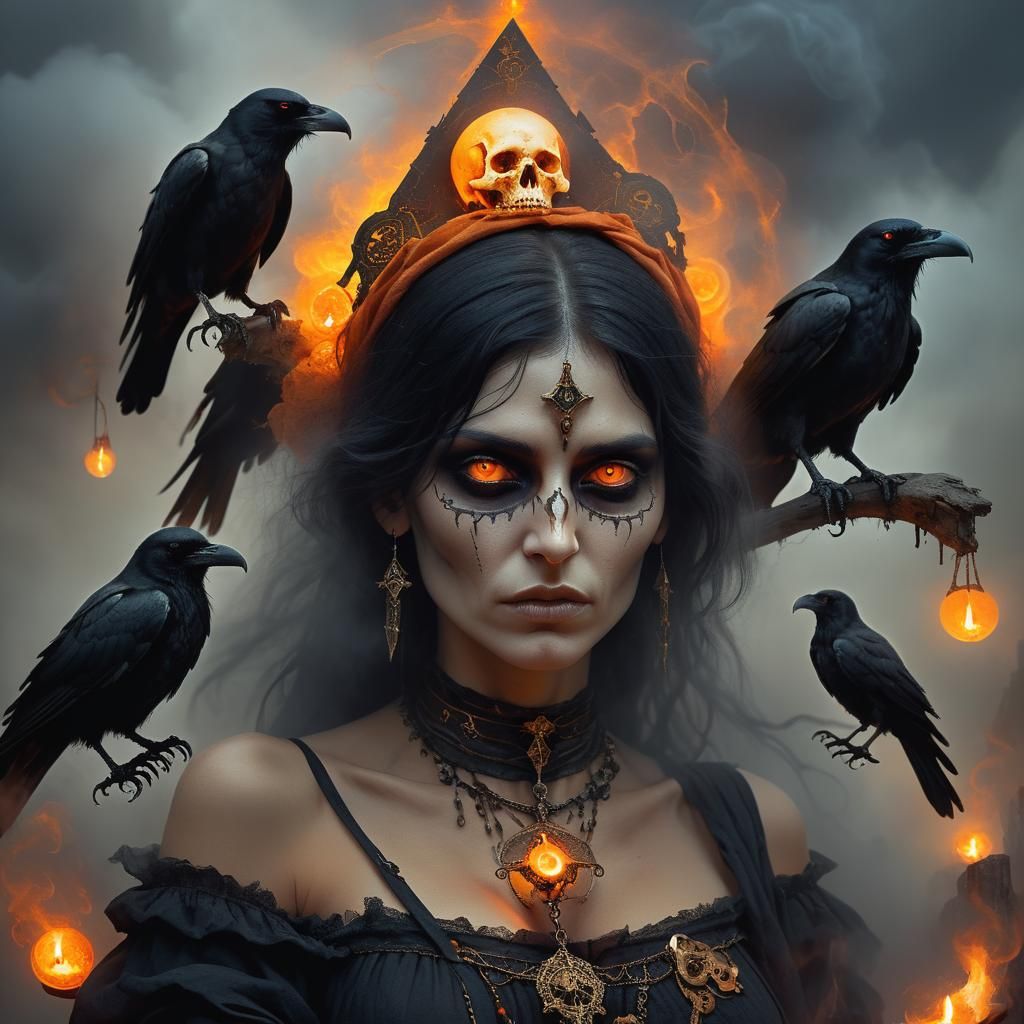Gypsy Woman with Raven in Dark Fantasy Art