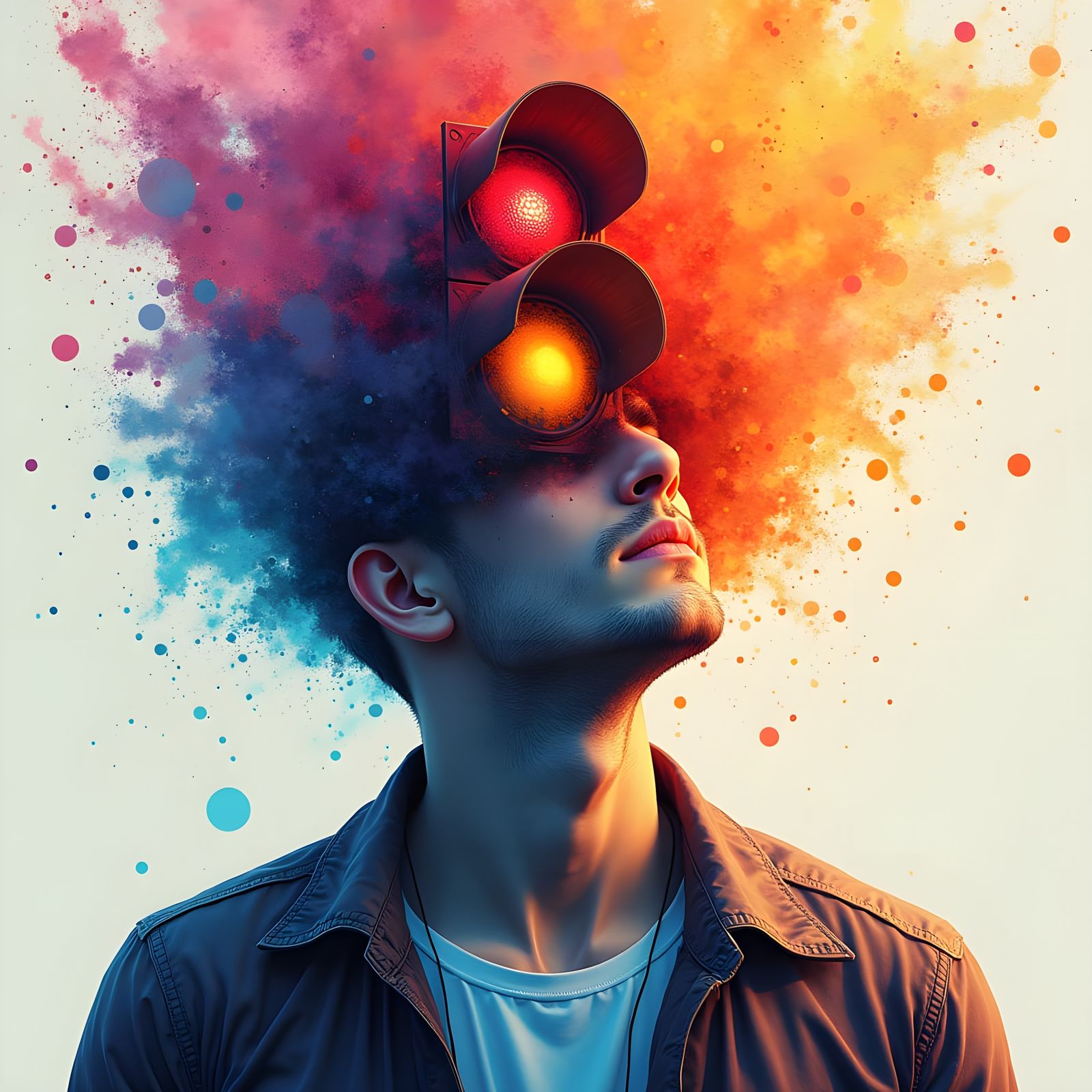 Man With Traffic Light Head in Celestial Watercolor Art