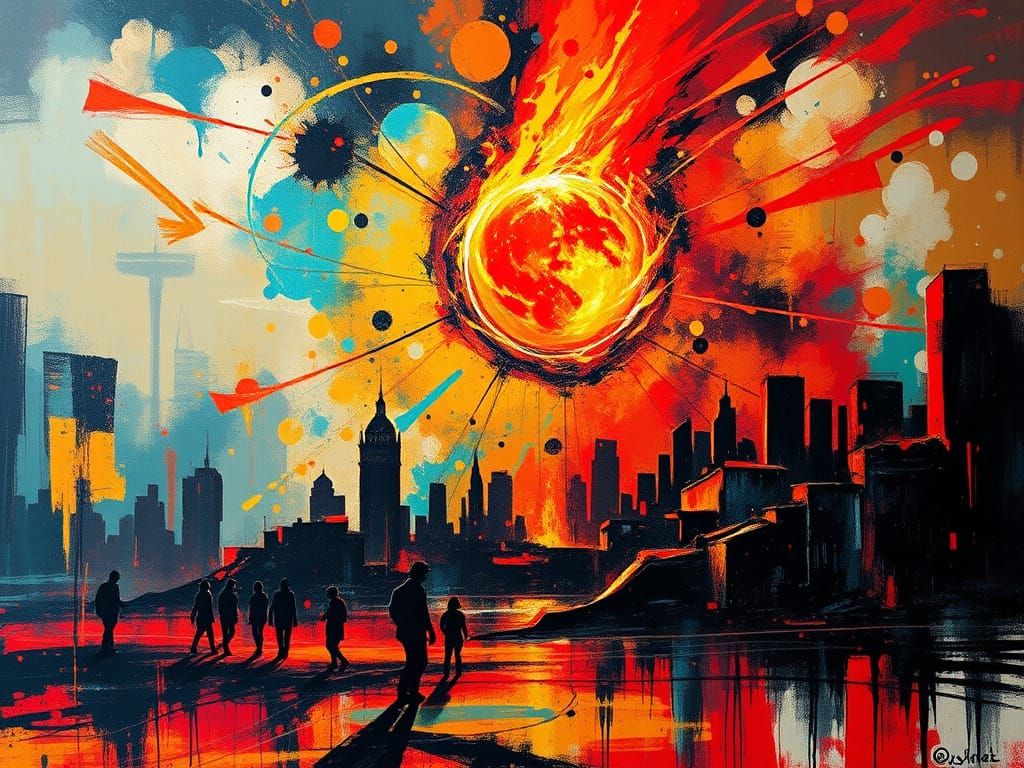 Apocalyptic Cityscape in Vibrant Abstract Surrealism