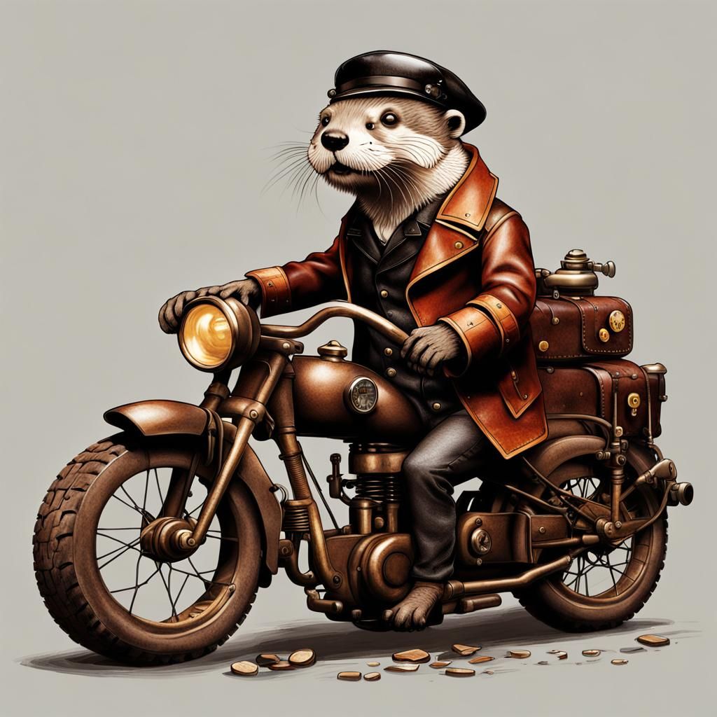 Steampunk Otter on Motorbike in Leather Coat
