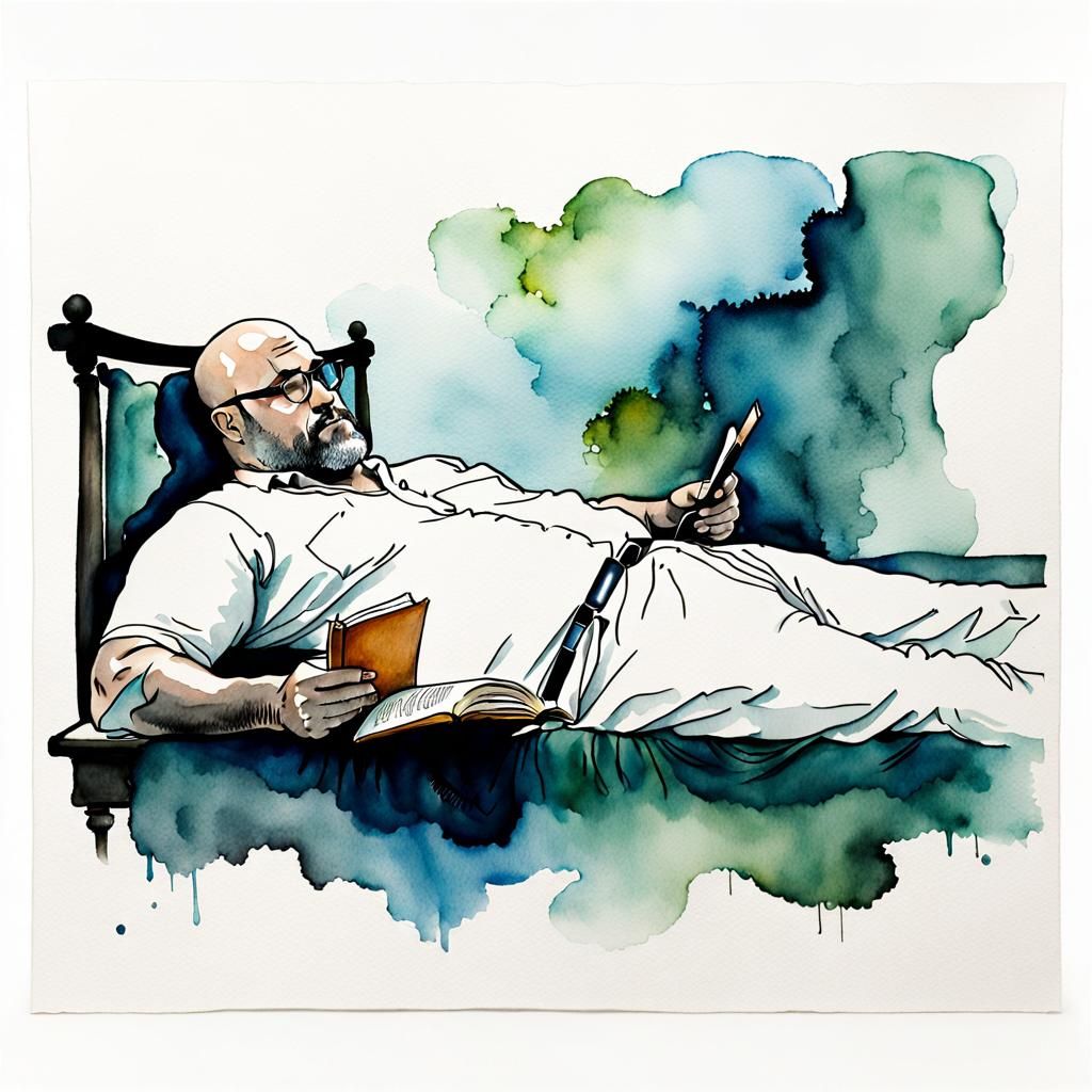 Watercolor of Man and Woman Reading in Bed