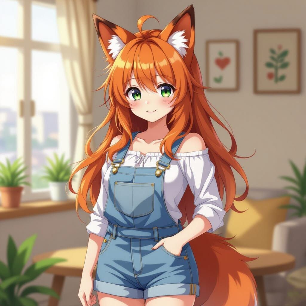 Anime Girl with Fox Ears and Tail in Denim Dungarees