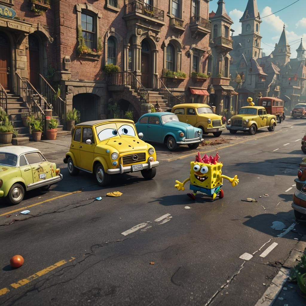 Spongebob Runs Over Family: Detailed Matte Painting