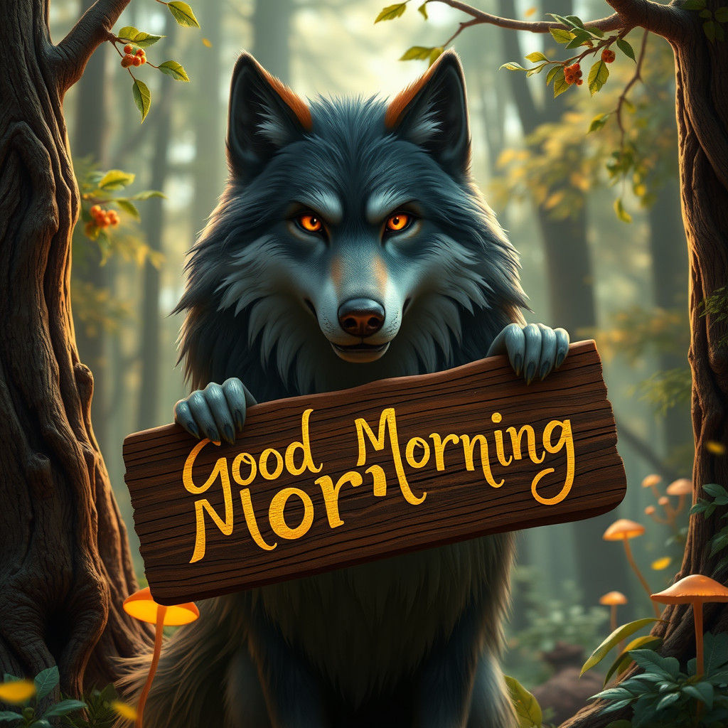 Wolf in Forest Holding 'Good Morning' Sign