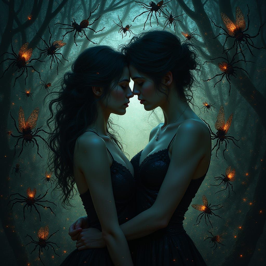 Mysterious Couple Entangled Amidst Ethereal Insects