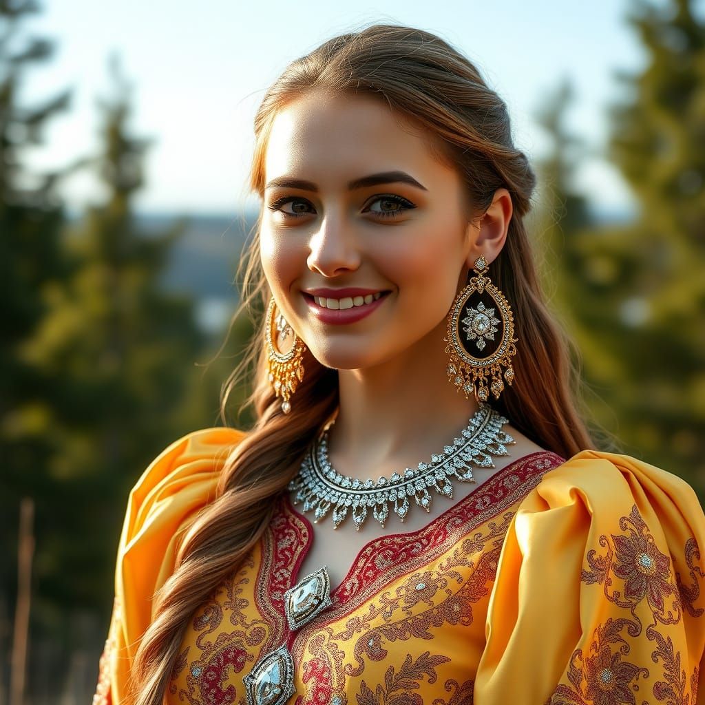 Ukrainian Woman in Golden Dress Smiling