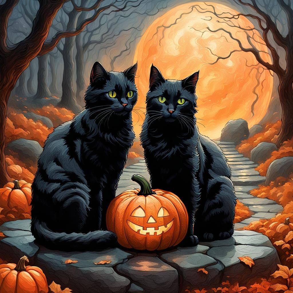 Black Cats and Pumpkin in Ethereal Ink Illustration