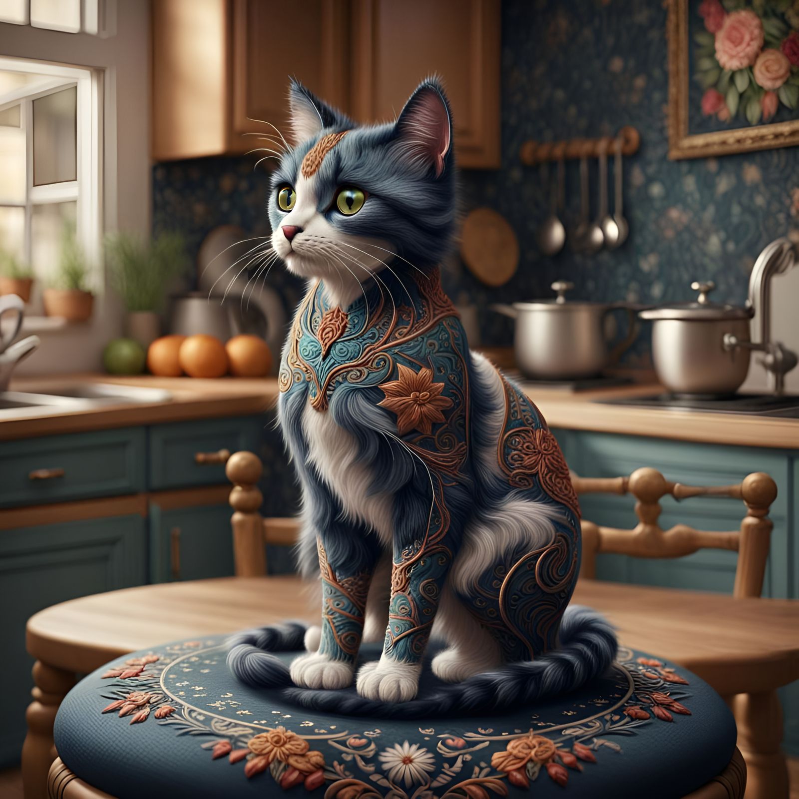 Embroidered Cat on Stool: Detailed Matte Painting