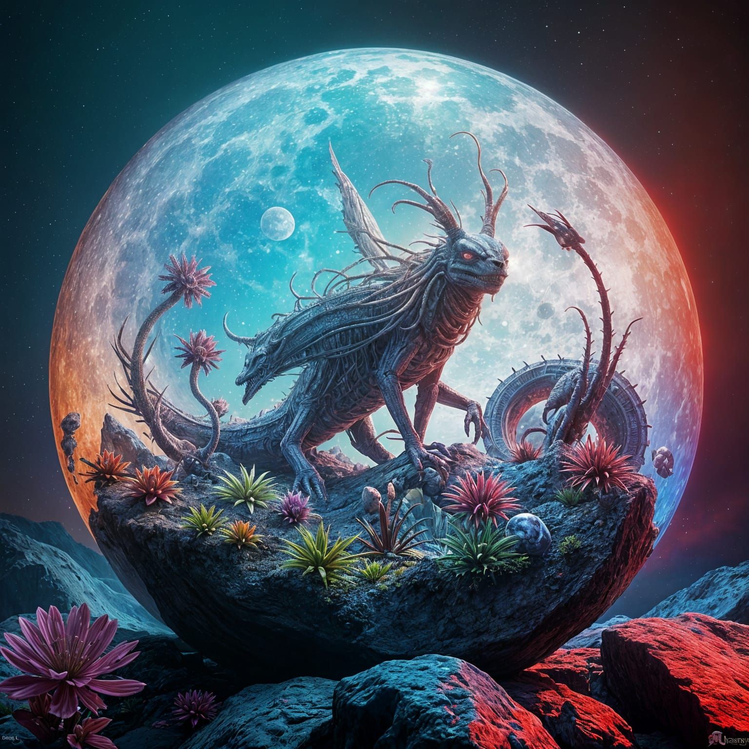 Surreal Moonlit Alien Realm with Hyperrealistic Flora and Fa...