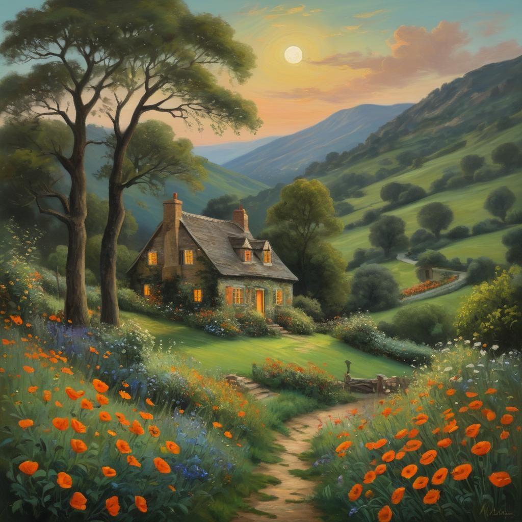 Moonlit Cottage in Rolling Hills: Impressionistic Oil Painti...