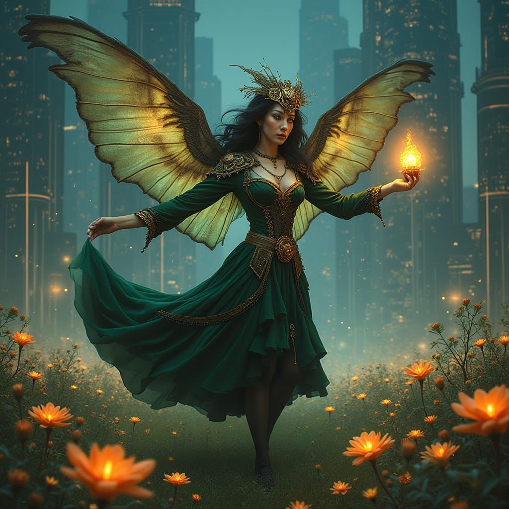 Steampunk Oracle Dances in Bioluminescent Field