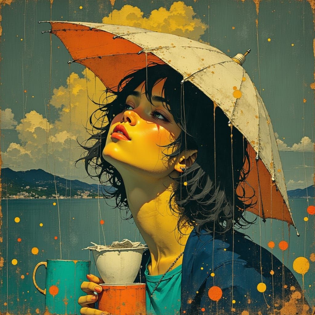 Surreal Rainy Cityscape in Watercolor Style