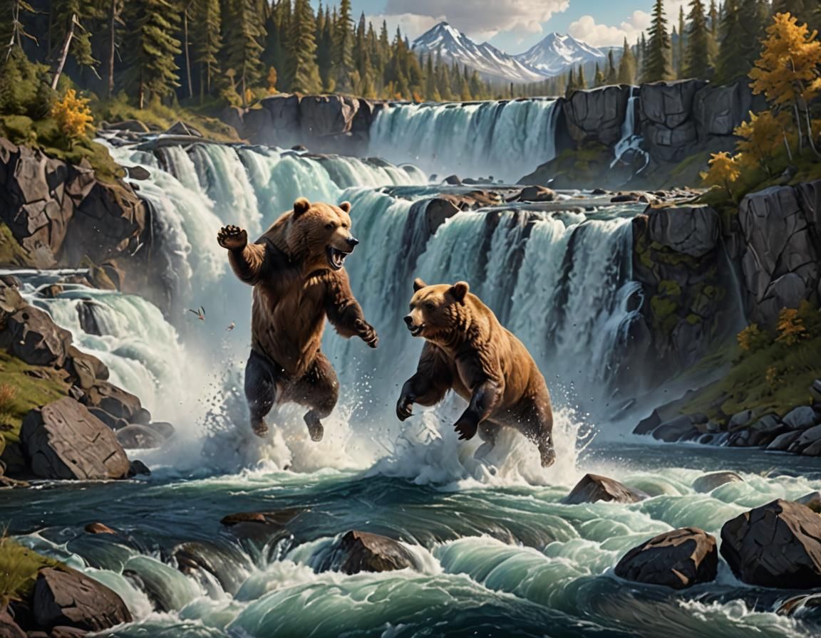 Brown Bear Catches Salmon at Brooks Falls