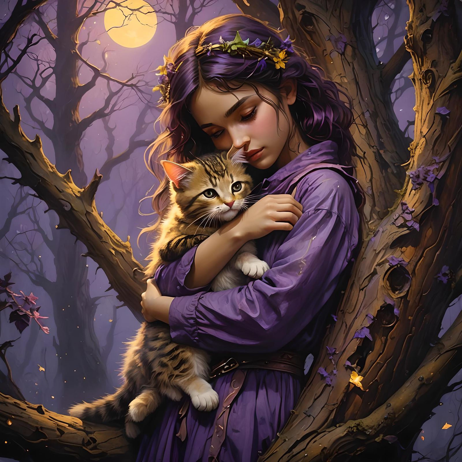 Girl Finds Comfort in Kitten: Fantasy Art