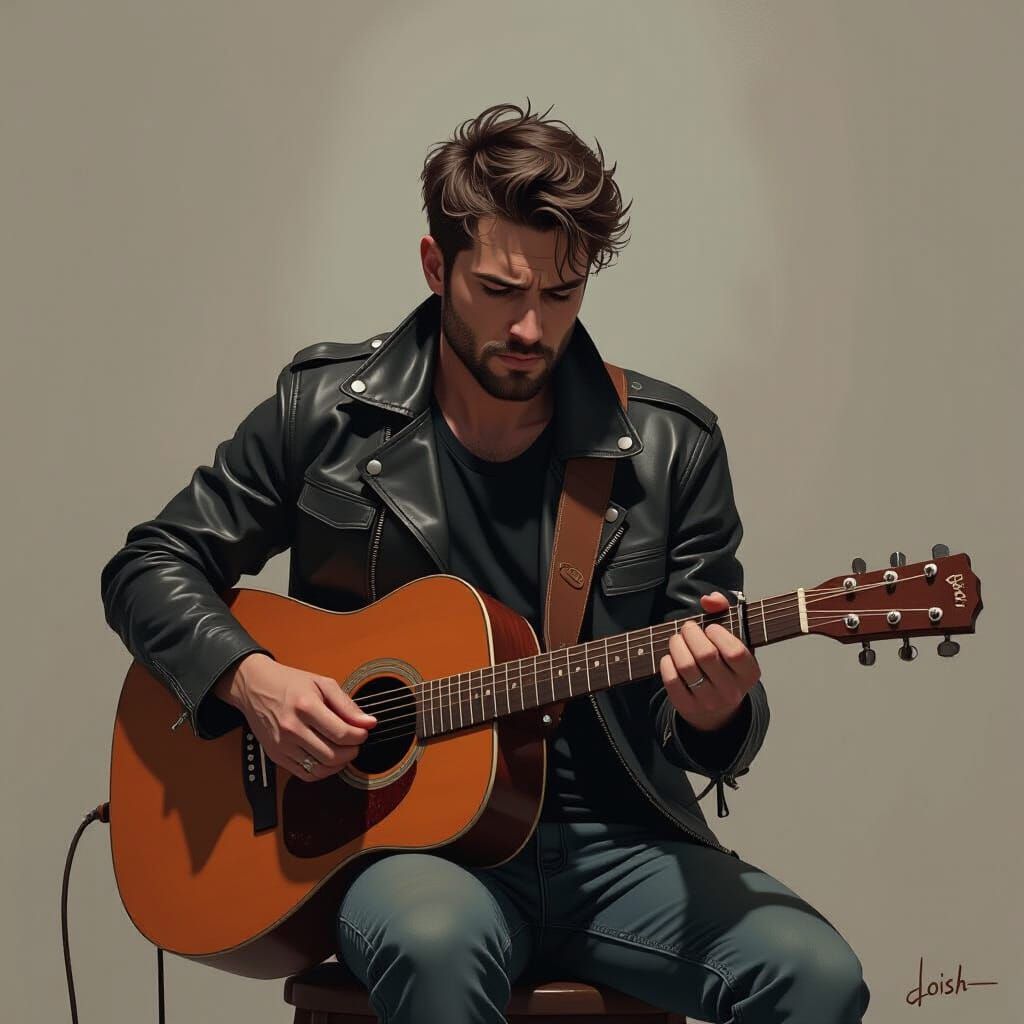 Brooding Musician with Guitar in Dystopian Style