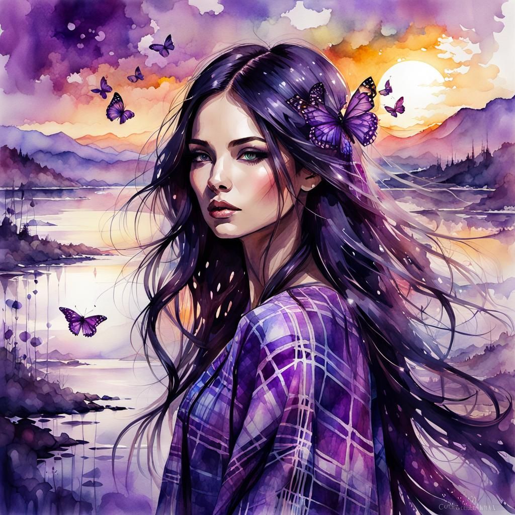 Fantasy Girl with Butterfly Colors in Watercolor Style