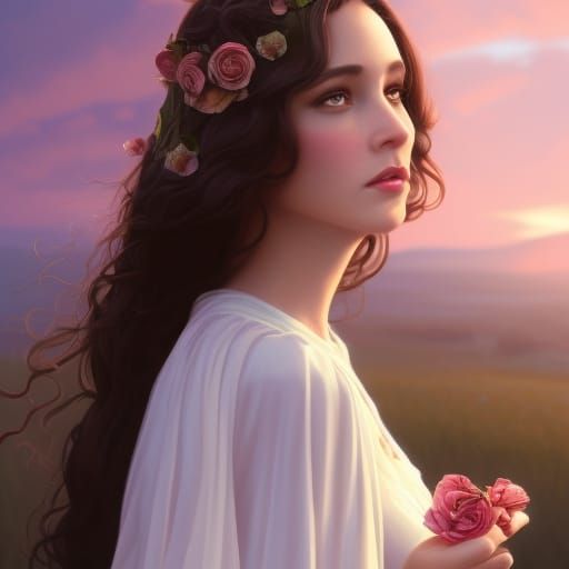 Elegant Woman Stares at Sunset: Digital Art Portrait