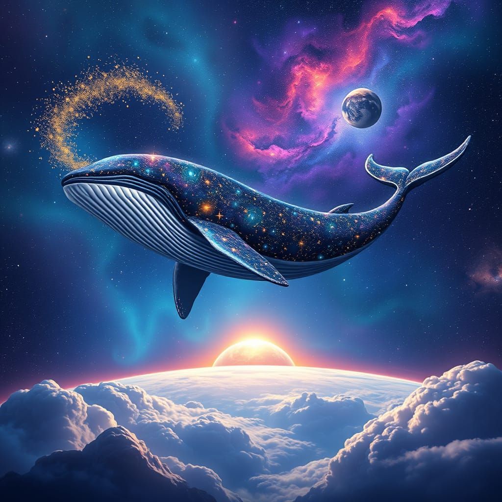 Cosmic Whale Adorned with Constellations in Surreal Space